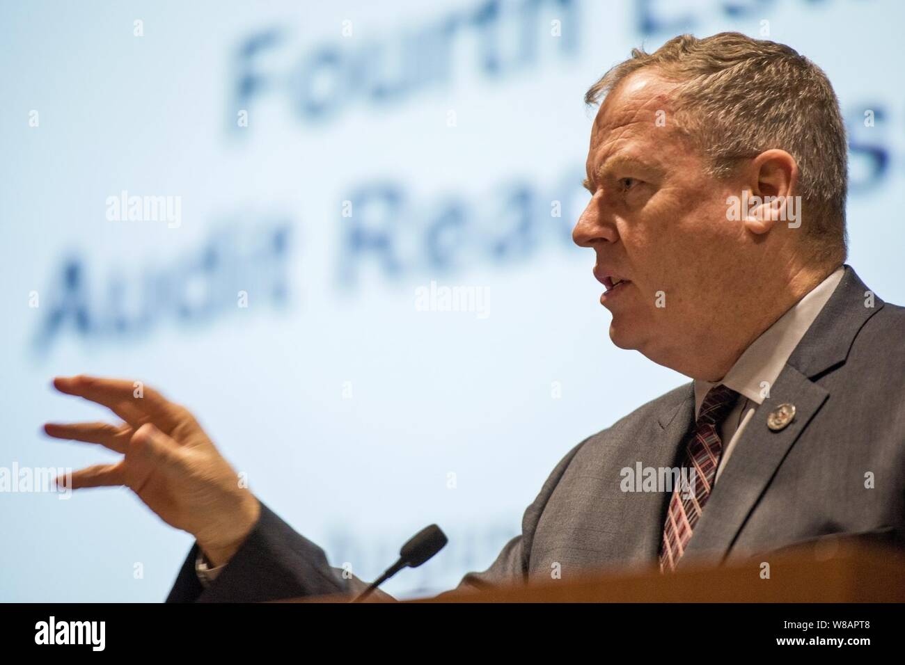 Deputy Defense Secretary Bob Work addresses top Defense Department leaders at the department's 4th Estate Financial Improvement Readiness Conference in Alexandria, Va 140804-N-AF077-009c. Stock Photo
