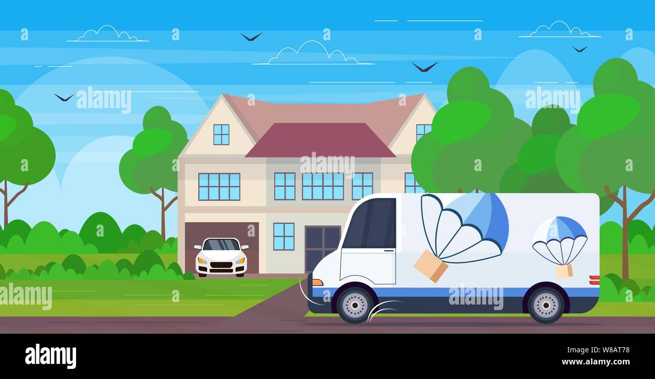 cargo van truck driving road parcel box with parachute flying down from