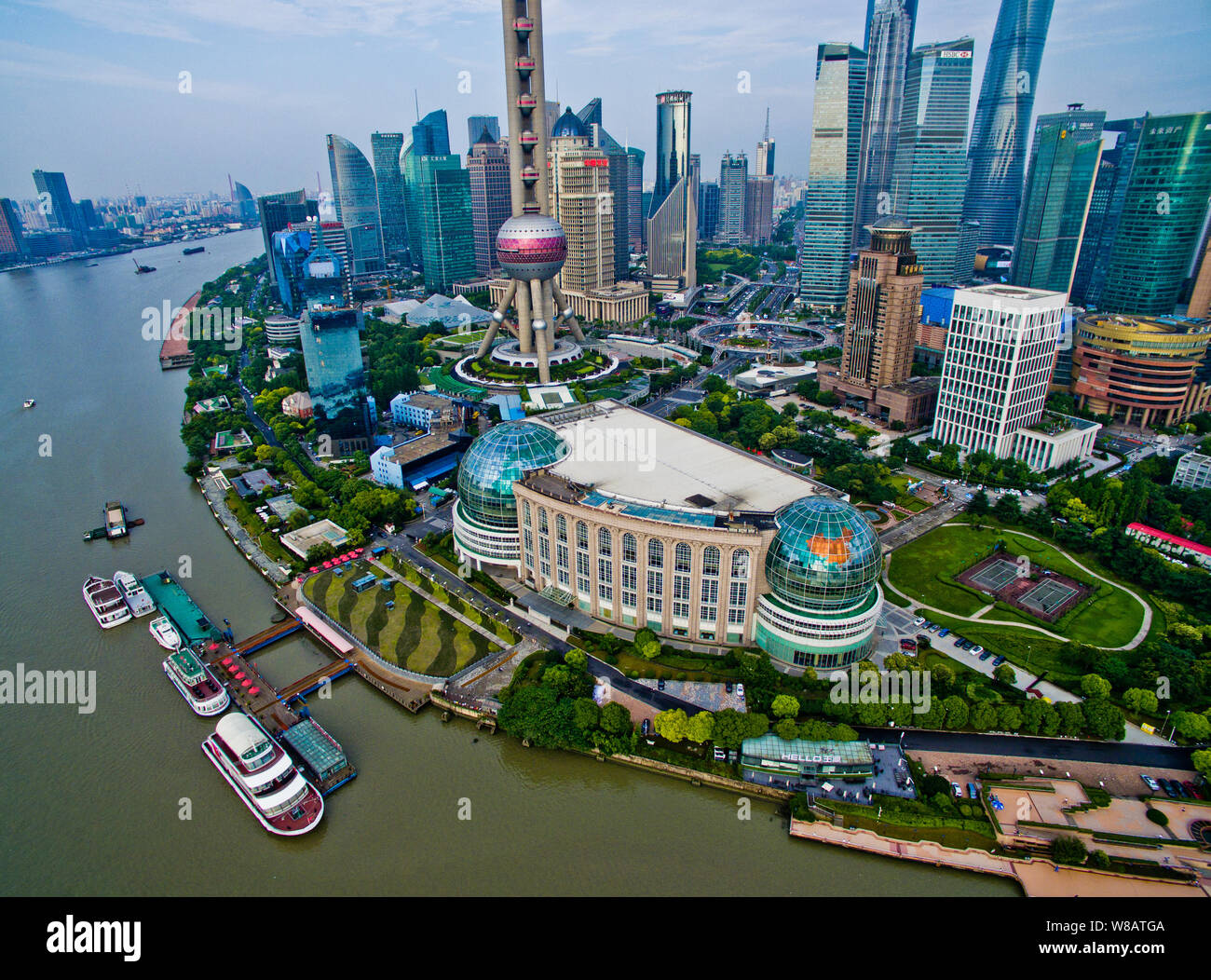 Aerial view of Huangpu River and the Lujiazui Financial District with ...