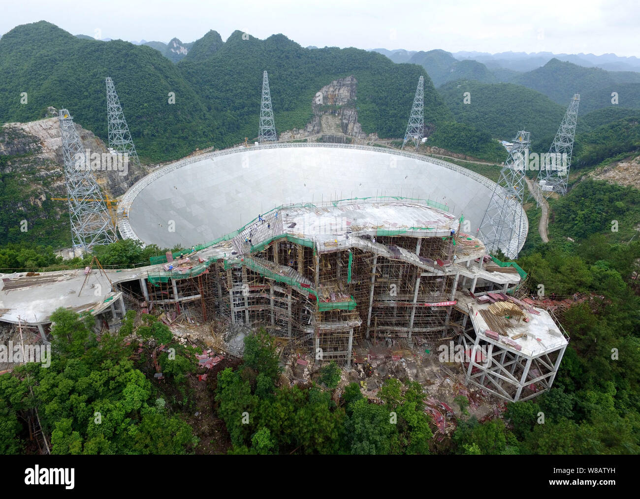 Aerial view of the construction site of the world's largest radio telescope  called FAST (Five-hundred-meter Aperture Spherical Telescope) in Pingtang  Stock Photo - Alamy