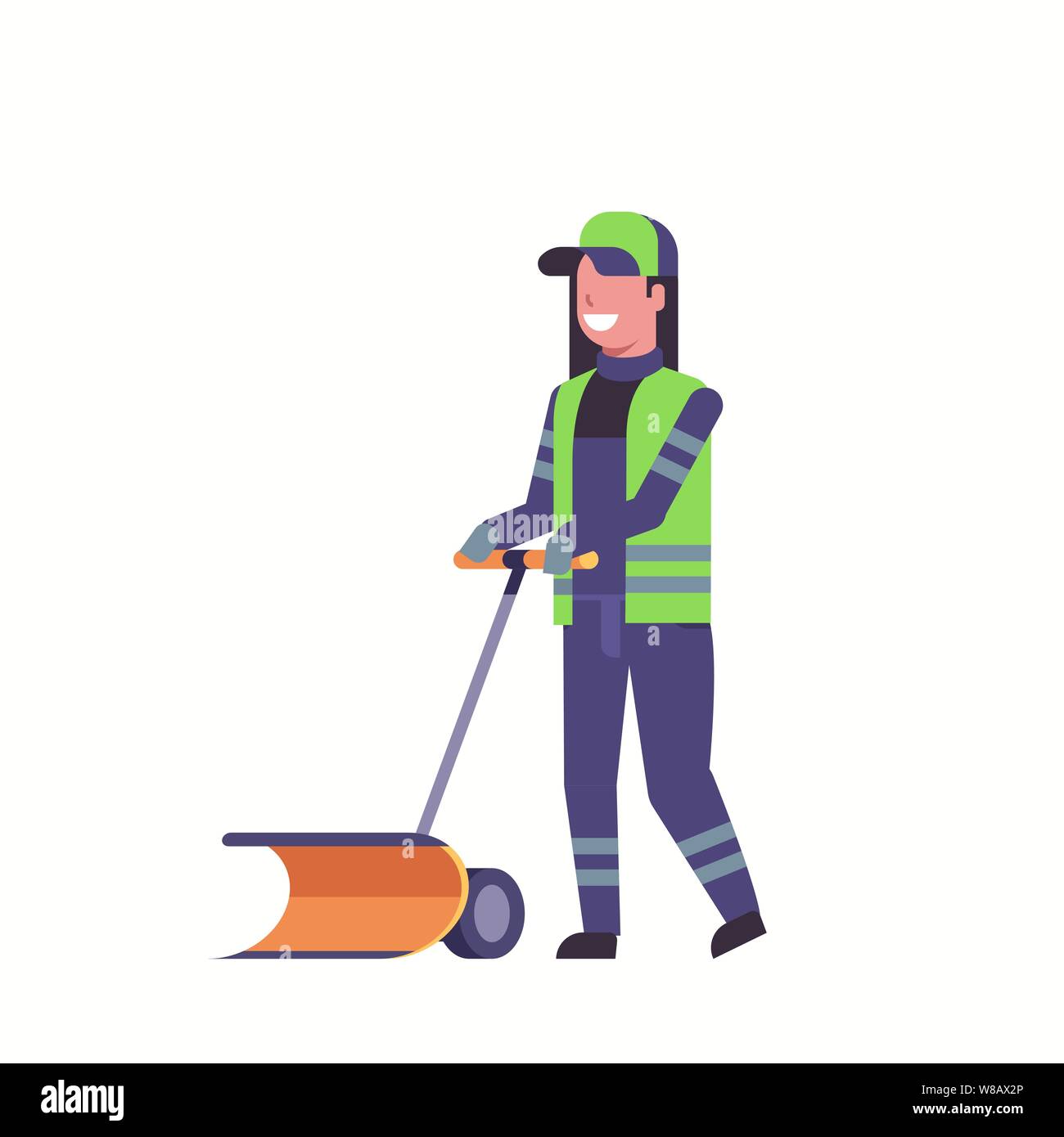 woman cleaner in uniform using handle snowplough snow removal winter
