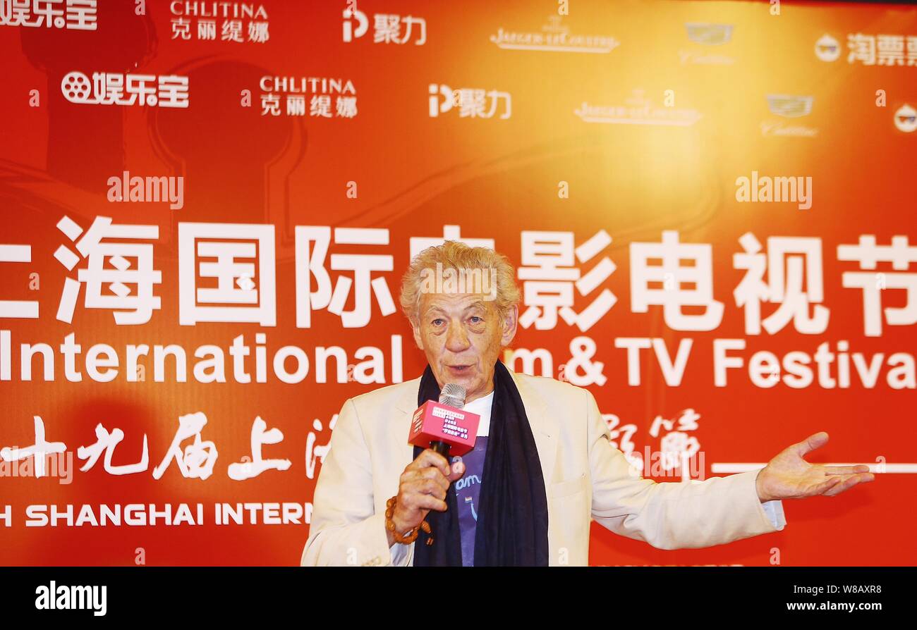 English actor Sir Ian McKellen speaks at a press conference to promote the British Council's 'Shakespeare Lives' program during the 19th Shanghai Inte Stock Photo