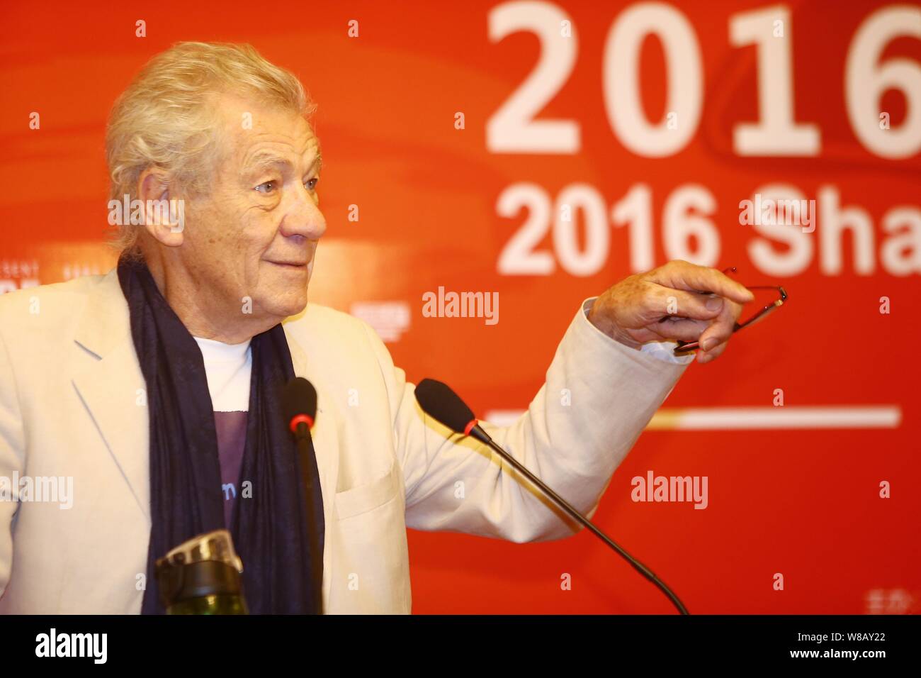 English actor Sir Ian McKellen speaks at a press conference to promote the British Council's 'Shakespeare Lives' program during the 19th Shanghai Inte Stock Photo