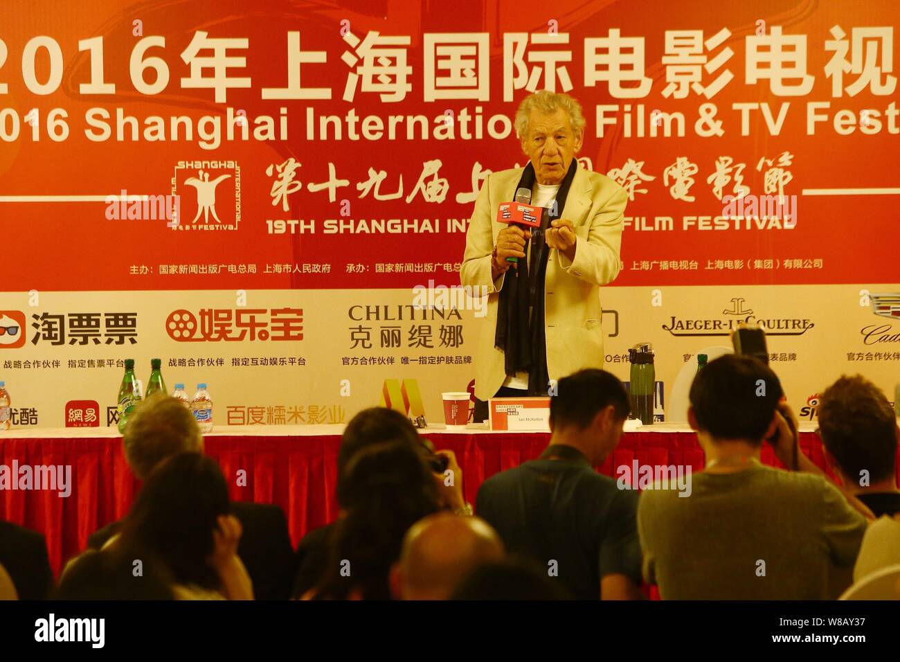 English actor Sir Ian McKellen speaks at a press conference to promote the British Council's 'Shakespeare Lives' program during the 19th Shanghai Inte Stock Photo