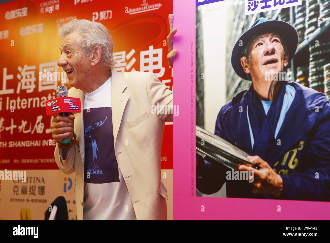 English actor Sir Ian McKellen speaks at a press conference to promote the British Council's 'Shakespeare Lives' program during the 19th Shanghai Inte Stock Photo