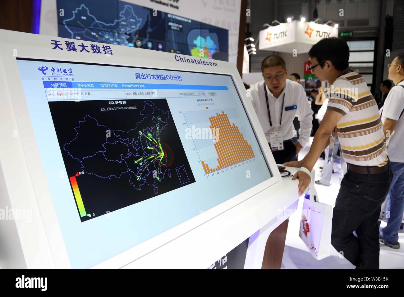 A screen showing big data analysis is on display at the stand of China Telecom during the 2016 Mobile World Congress (MWC) in Shanghai, China, 29 June Stock Photo