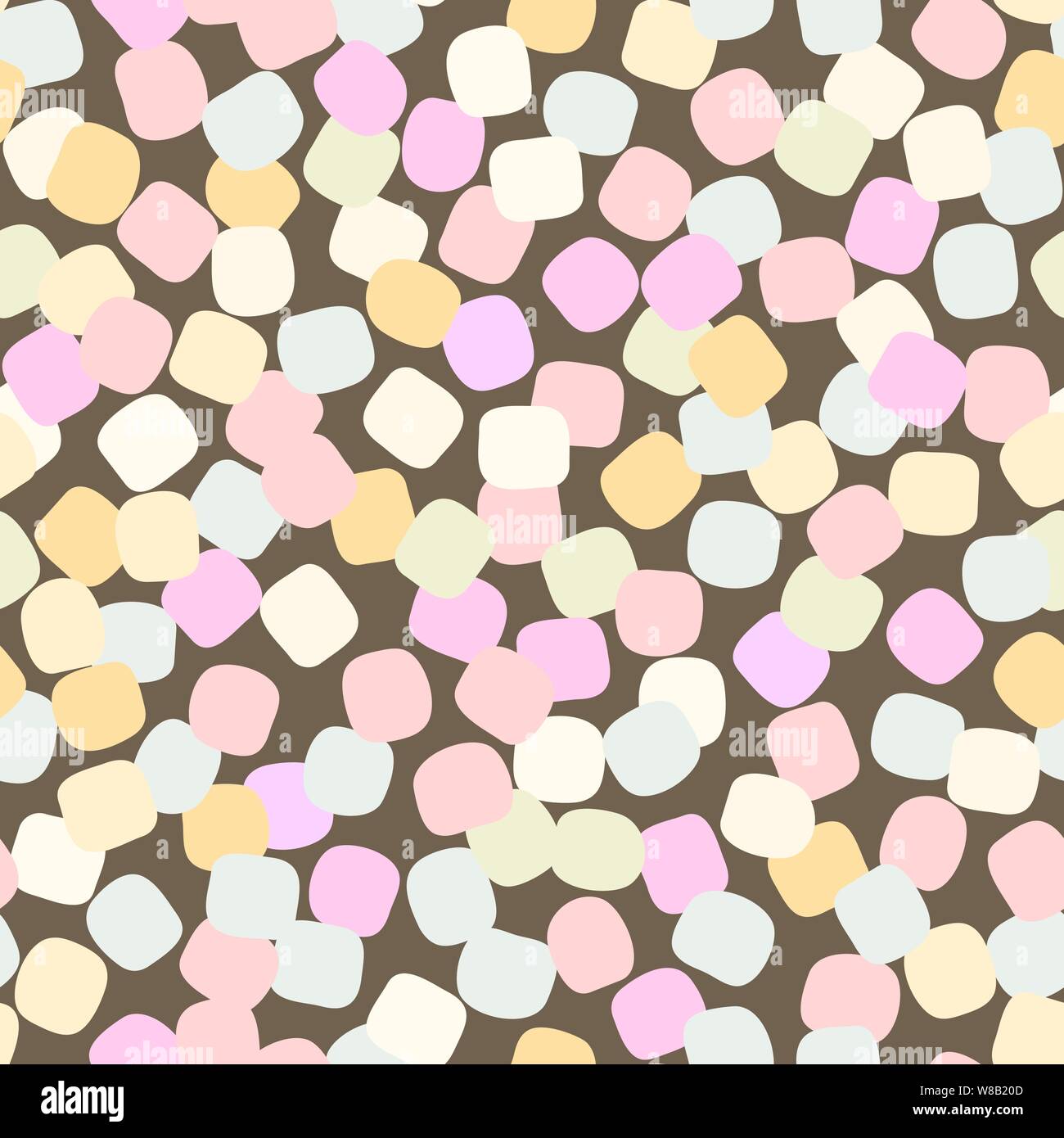 seamless vector pattern with pastel colored marshmallows scattered on brown background Stock Vector