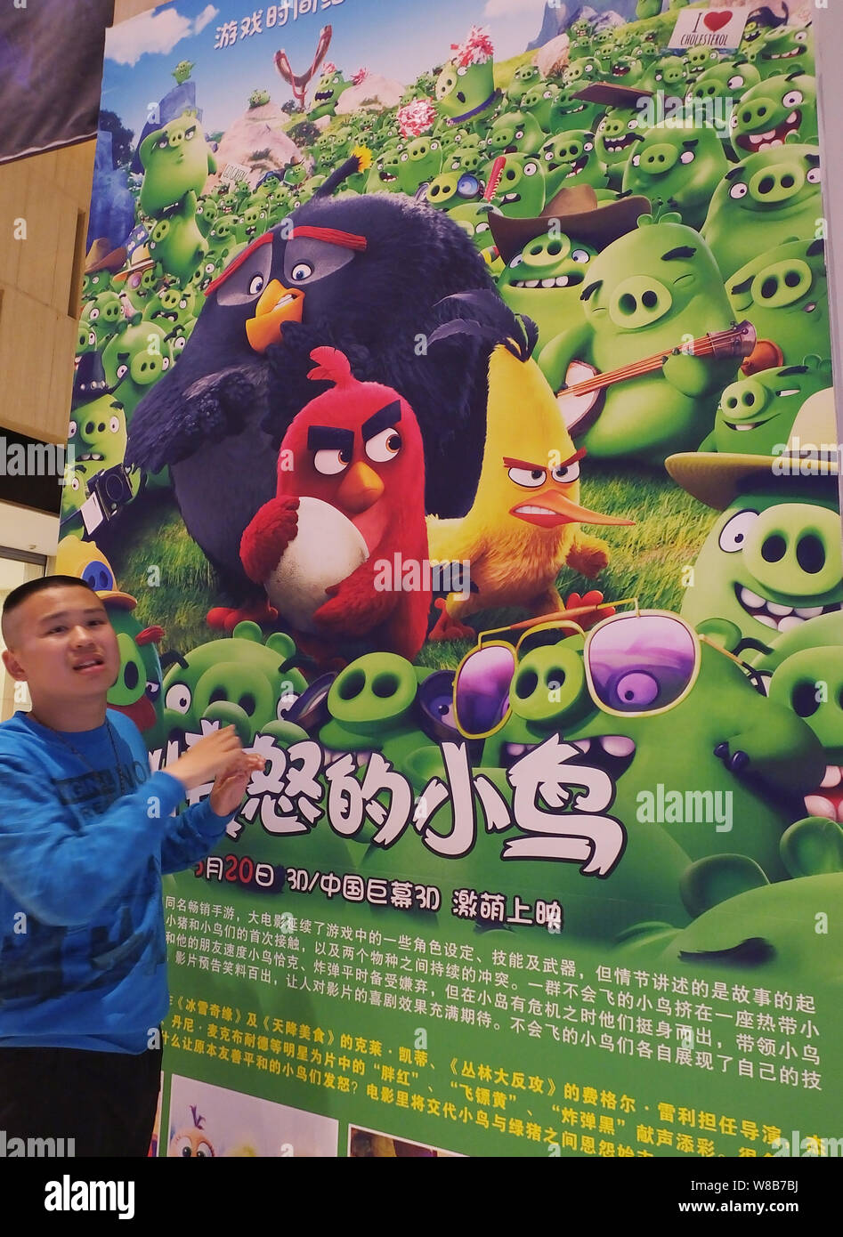 A Chinese filmgoer walks past a poster of the 3D computer-animated comedy film 'The Angry Birds Movie' at a cinema in Yichang city, central China's Hu Stock Photo