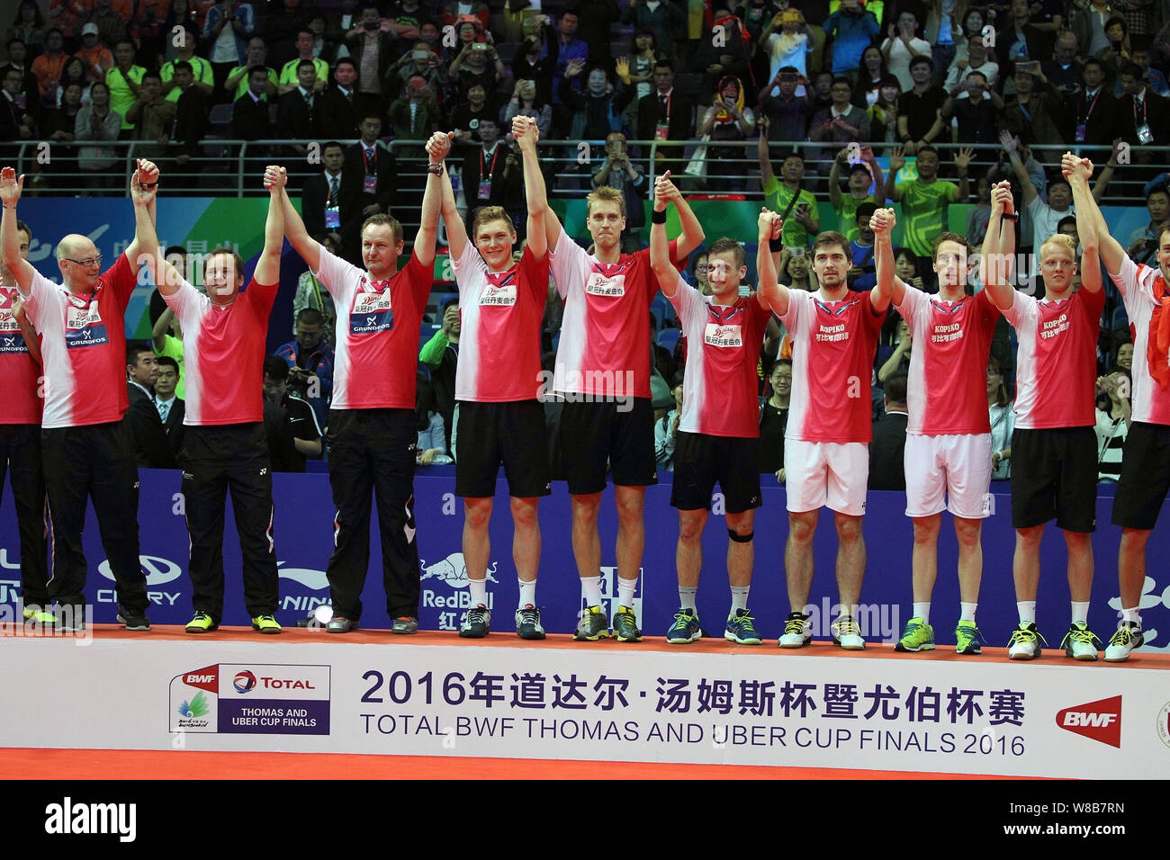 Badminton players of Denmark celebrate during the award ceremony after defeating Indonesia to win the BWF Thomas Cup 2016 in Kunshan city, east China Stock Photo