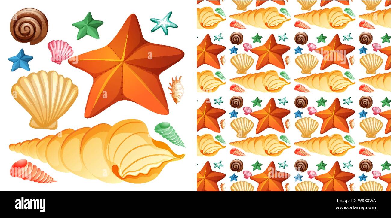 Seamless background design with isolated set of seashells and starfish ...