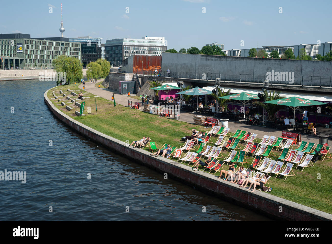 12.06.2019, Berlin, Germany, Europe - Beach bar 'Capital Beach' on the Ludwig-Erhard-Ufer riverbank along the Spree River in the government district. Stock Photo