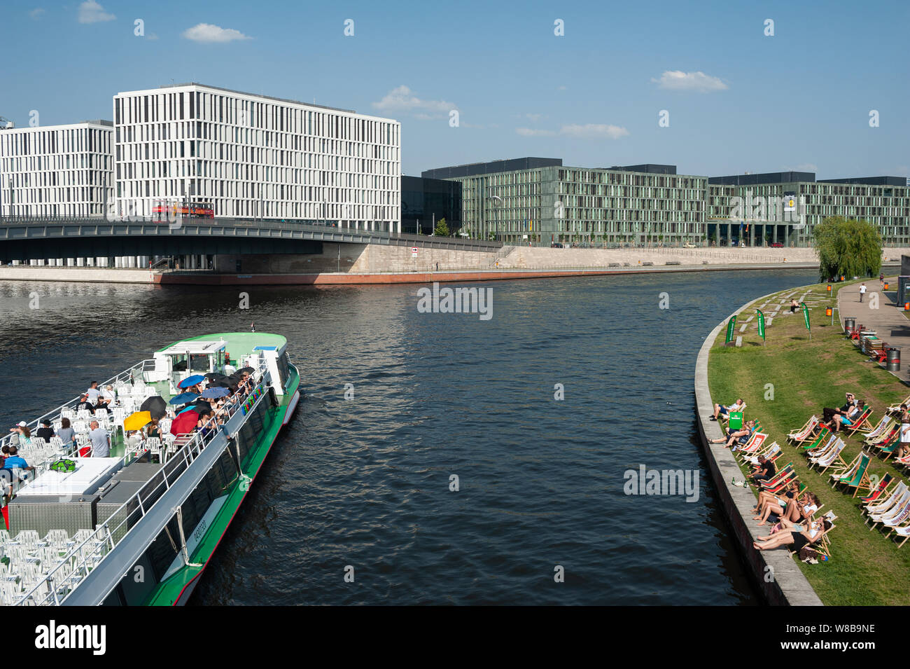 12.06.2019, Berlin, Germany, Europe - Beach bar 'Capital Beach' on the Ludwig-Erhard-Ufer riverbank along the Spree River in the government district. Stock Photo