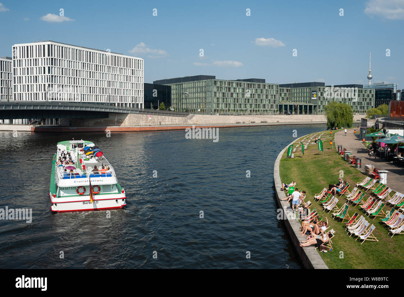 12.06.2019, Berlin, Germany, Europe - Beach bar 'Capital Beach' on the Ludwig-Erhard-Ufer riverbank along the Spree River in the government district. Stock Photo