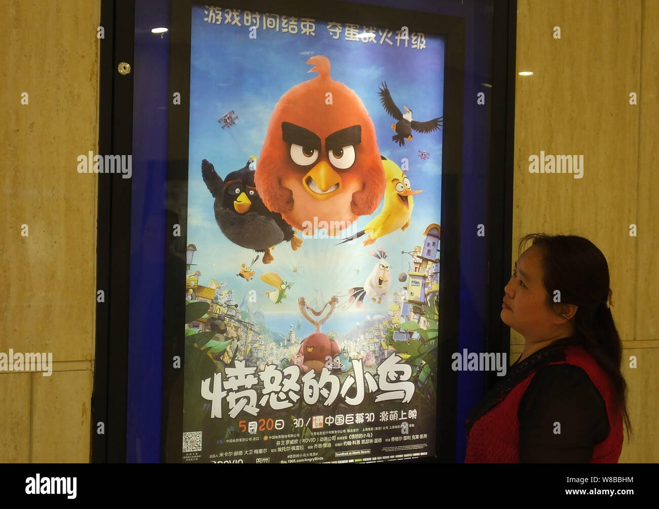 A Chinese filmgoer looks at a poster of the 3D computer-animated comedy film 'The Angry Birds Movie' at a cinema in Yichang city, central China's Hube Stock Photo