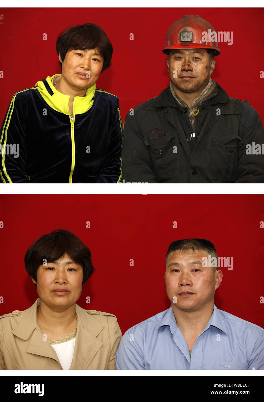 This composite picture shows photos of a Chinese coal miner and his wife after and before he went down into a coal mine in Huaibei city, east China's Stock Photo