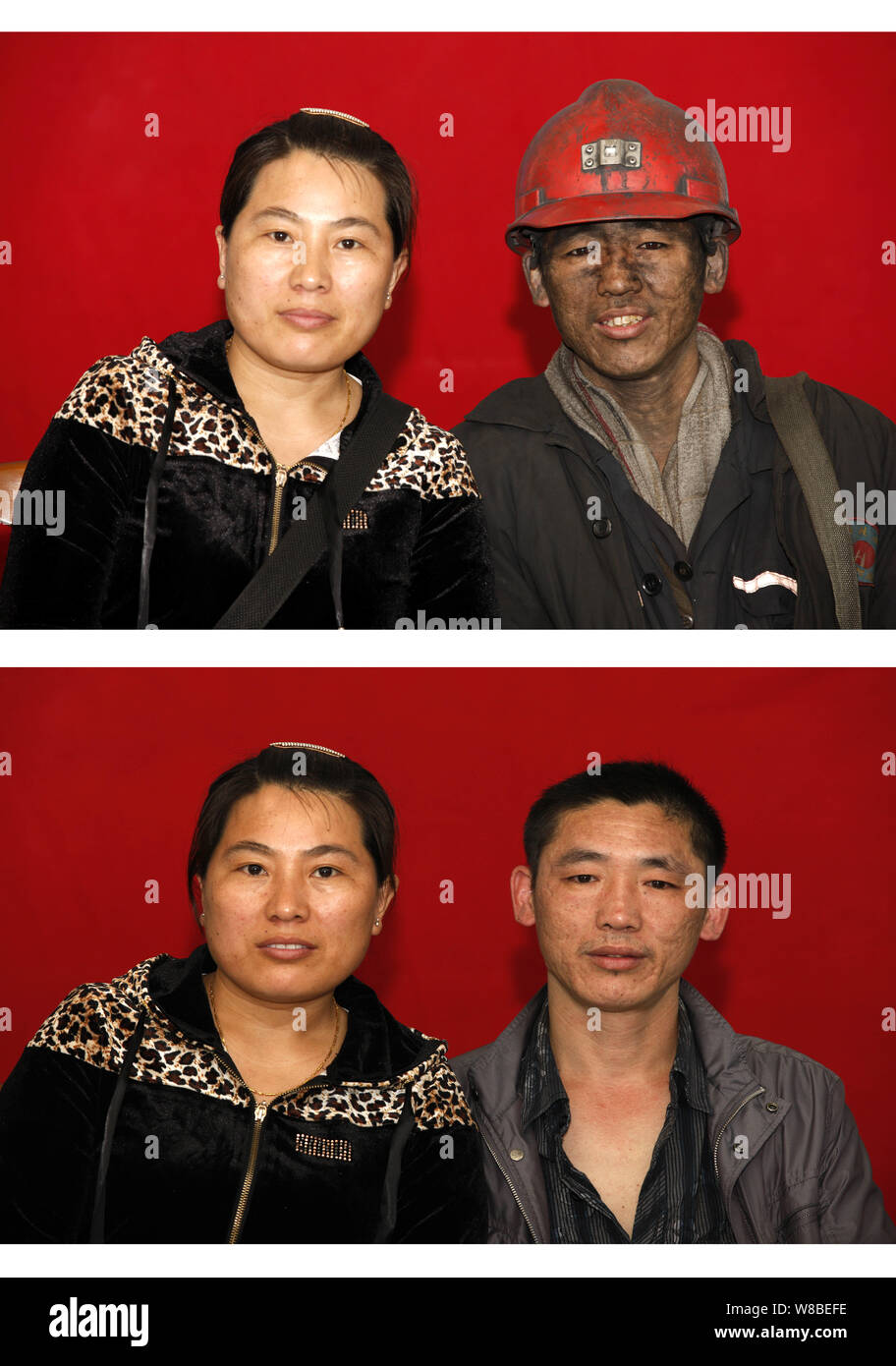 This composite picture shows photos of a Chinese coal miner and his wife after and before he went down into a coal mine in Huaibei city, east China's Stock Photo