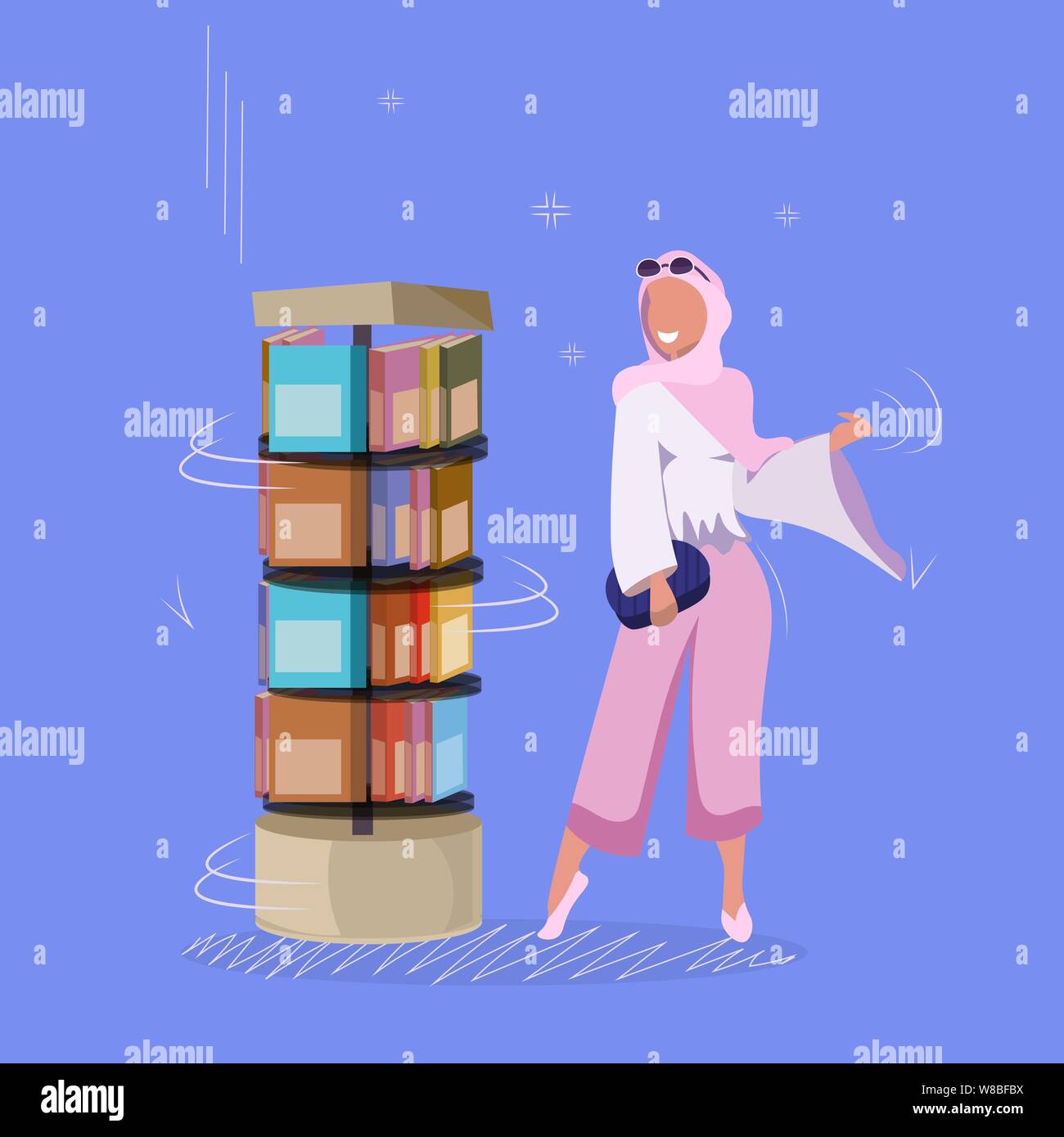 arab woman standing near bookshelf arabic girl choosing books for reading library or bookstore visitor flat full length vector illustration Stock Vector