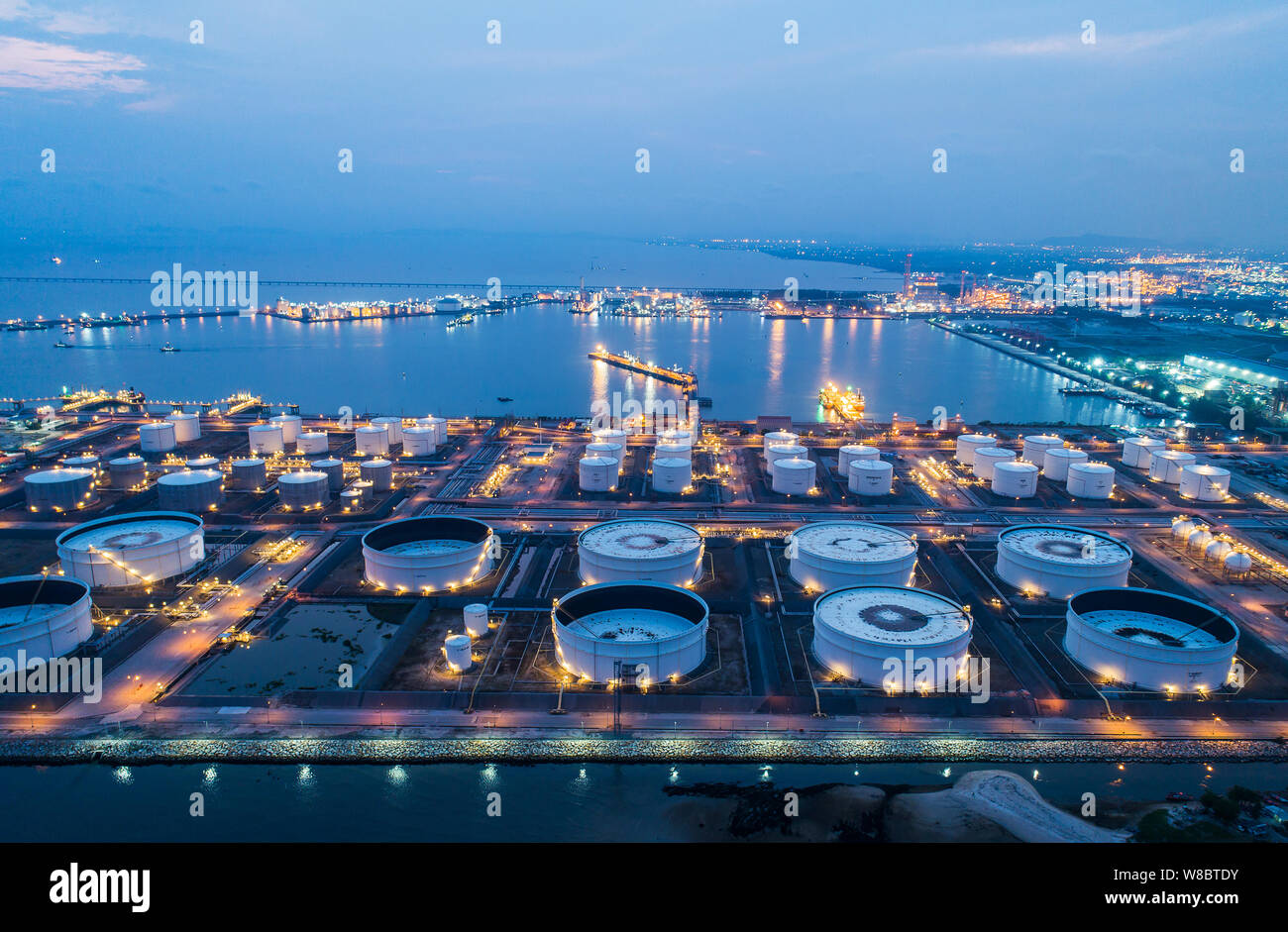 Aerial top view oil refinery at night hi-res stock photography and ...