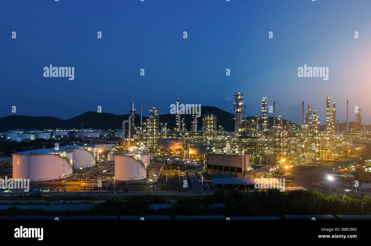 Aerial view or top view night light oil terminal is industrial facility