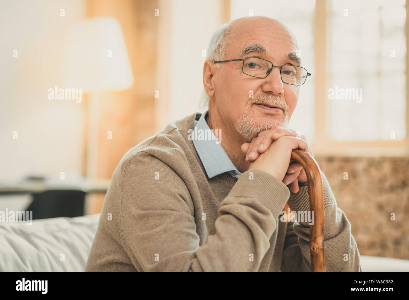 Old grey-haired man wisely looking while sitting on the sofa Stock Photo