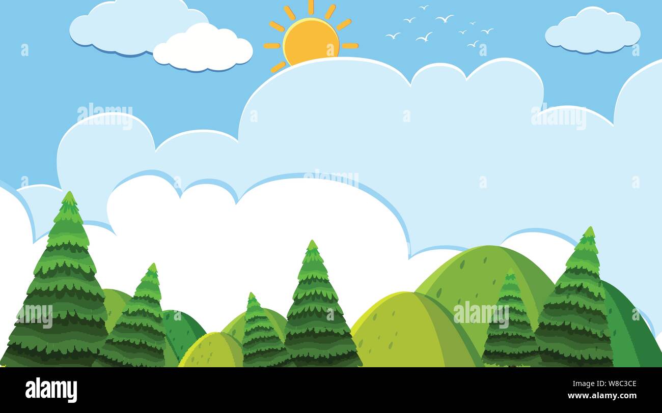 Landscape background design of mountains and trees illustration Stock ...