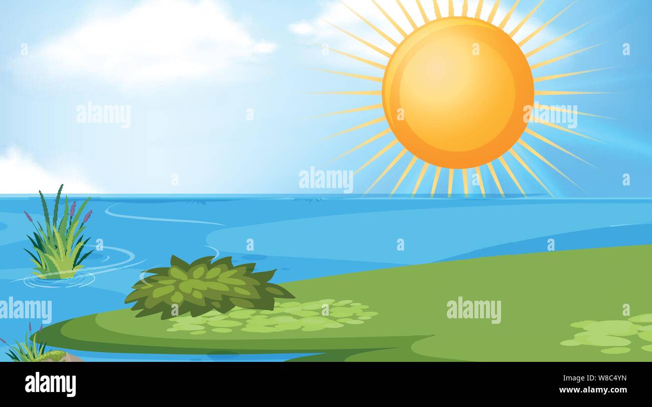 Landscape background design of river at midday illustration Stock