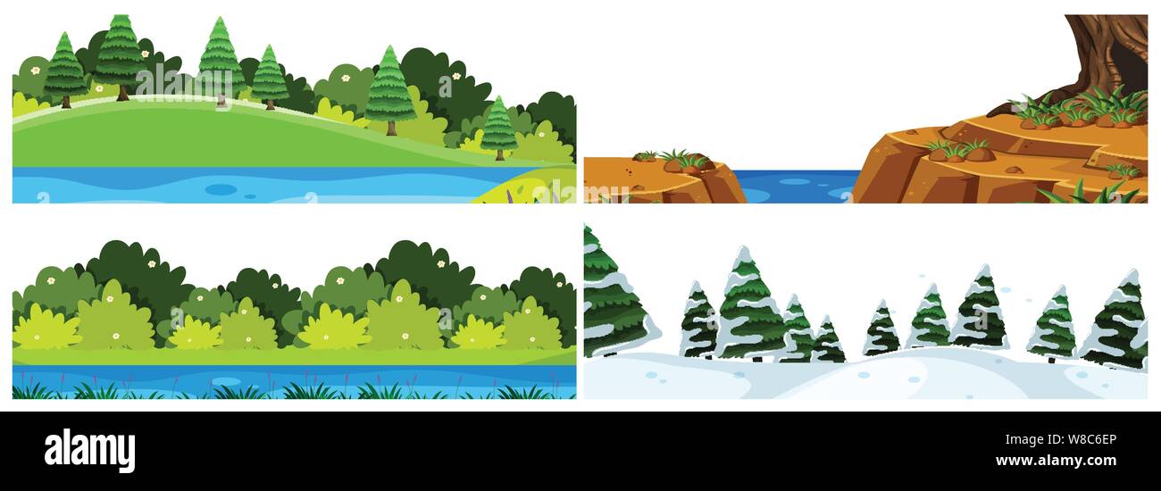 A set of outdoor scene including water illustration Stock Vector
