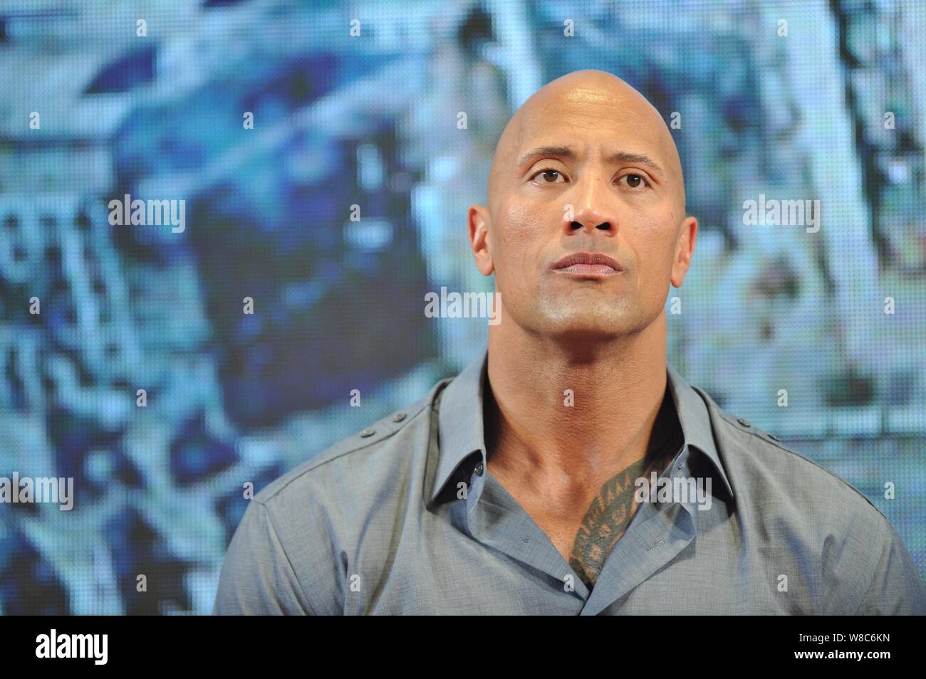 American actor Dwayne Johnson, also known by his ring name The Rock,  attends a press conference for his movie "San Andreas" in Beijing, China,  28 May Stock Photo - Alamy