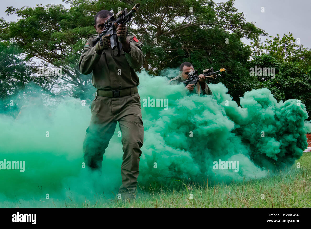Two Fijian Soldiers serving with the 3rd Battalion, Fiji Infantry Regiment, move tactically through smoke during military operations in urban terrain (MOUT) training in Savusavu, Fiji, Aug. 3, 2019. The MOUT training was conducted by the 1st Battalion, 27th Inf. Regt., 2nd Brigade, Inf. Brig. Combat Team, 25th Inf. Div., which was part of Exercise Cartwheel 2019, which is a bilateral training that develops the Republic of Fiji Military Forces capabilities. The exercises focus is to increase the strength and security of both military forces for a free and open Indo-Pacific. Stock Photo