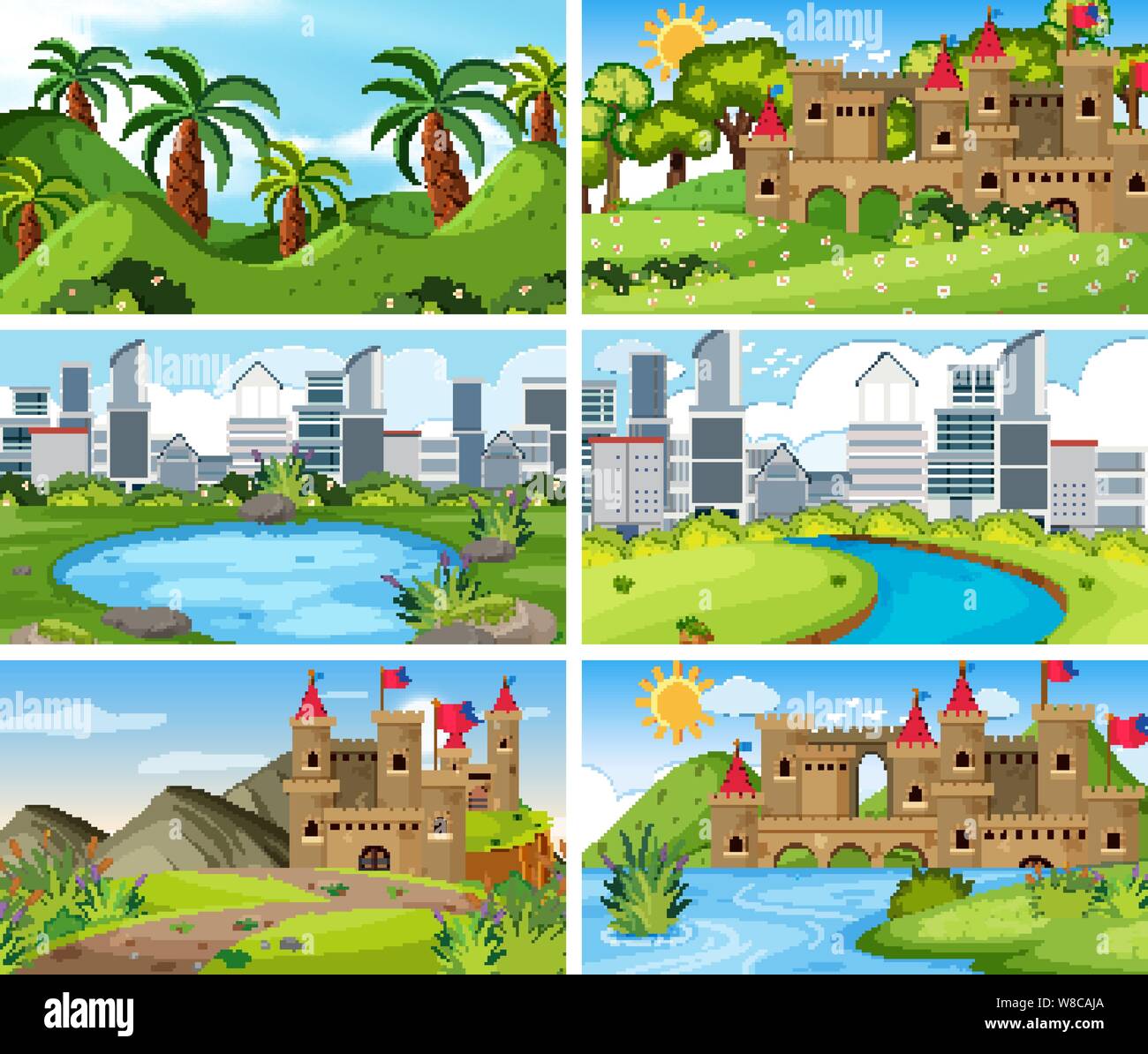 A set of outdoor scene including building illustration Stock Vector ...