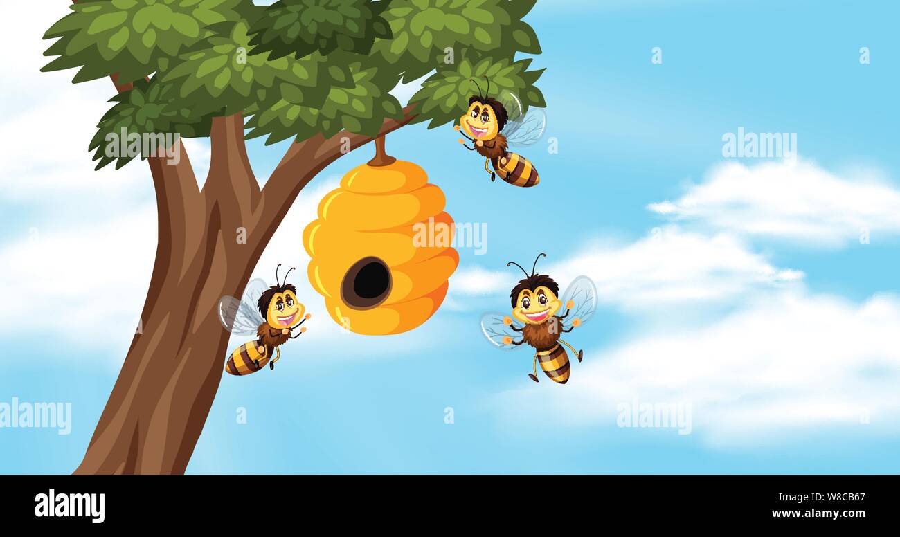 Sky background with bees and beehive on tree illustration Stock Vector