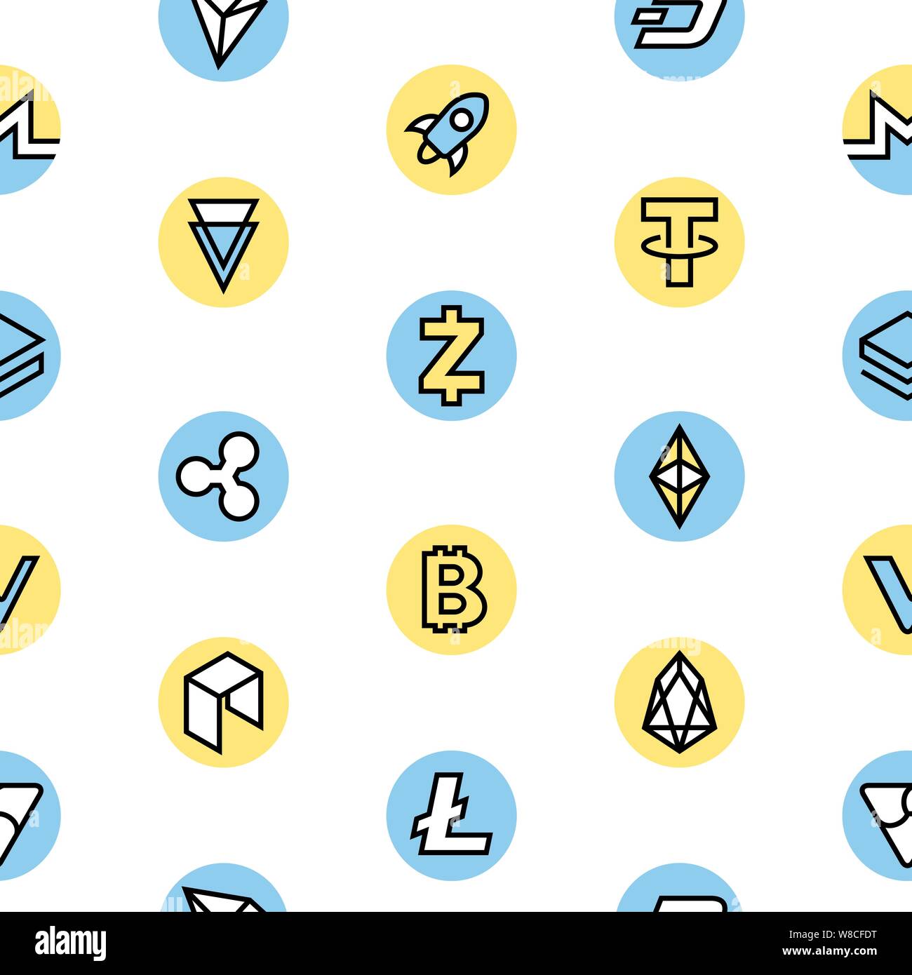 Crypto currency thin line color background icons isolated vector illustration, seamless pattern Stock Vector