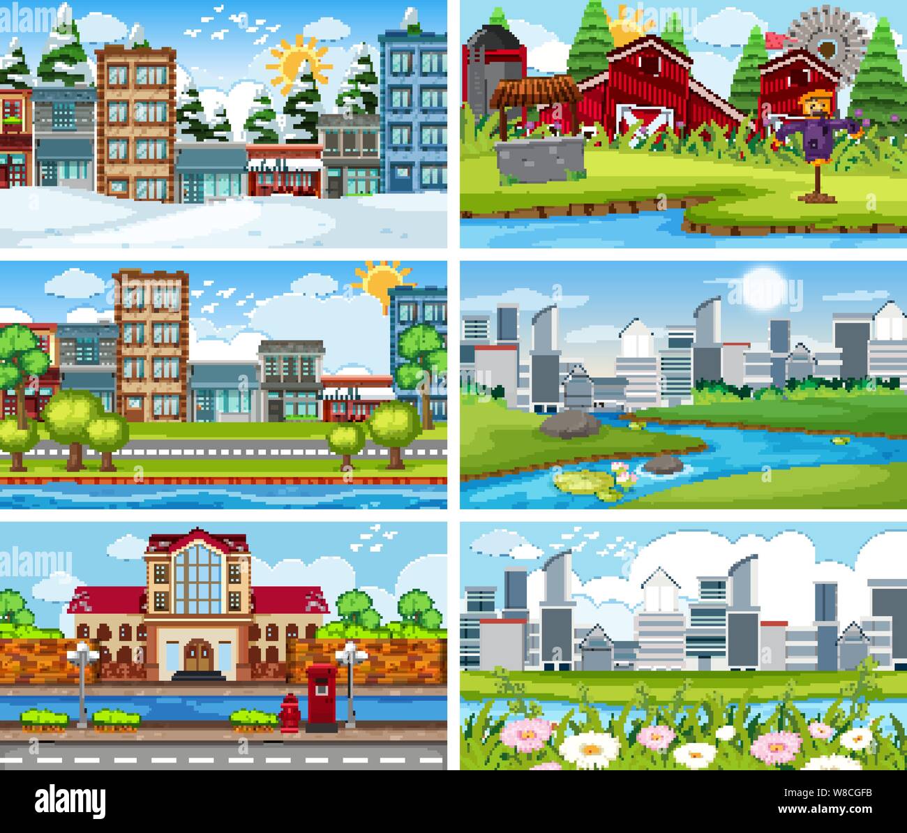 A set of outdoor scene including building illustration Stock Vector ...