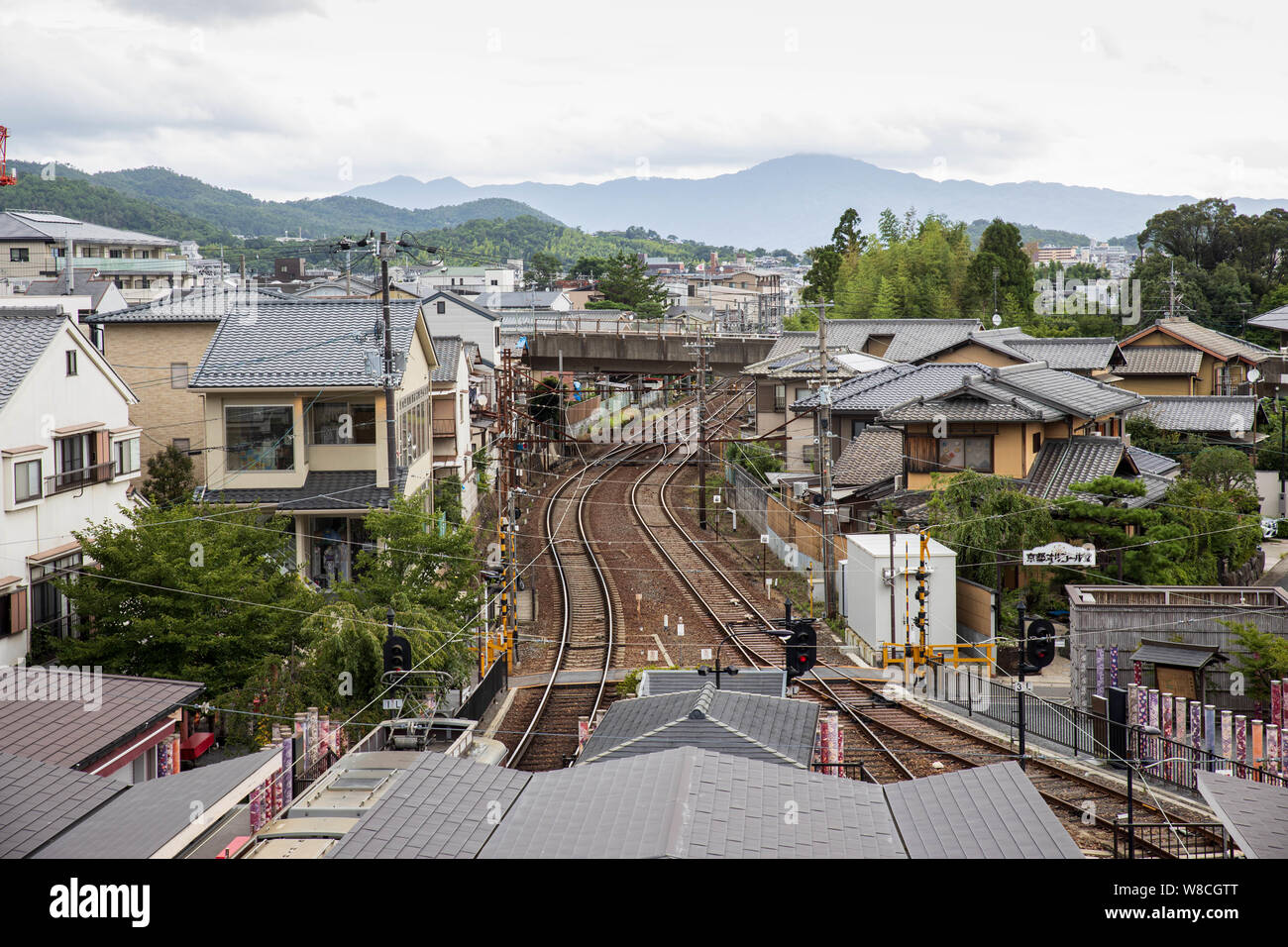 Kyoto, Japan August 6, 2019 View of train tracks through quiet