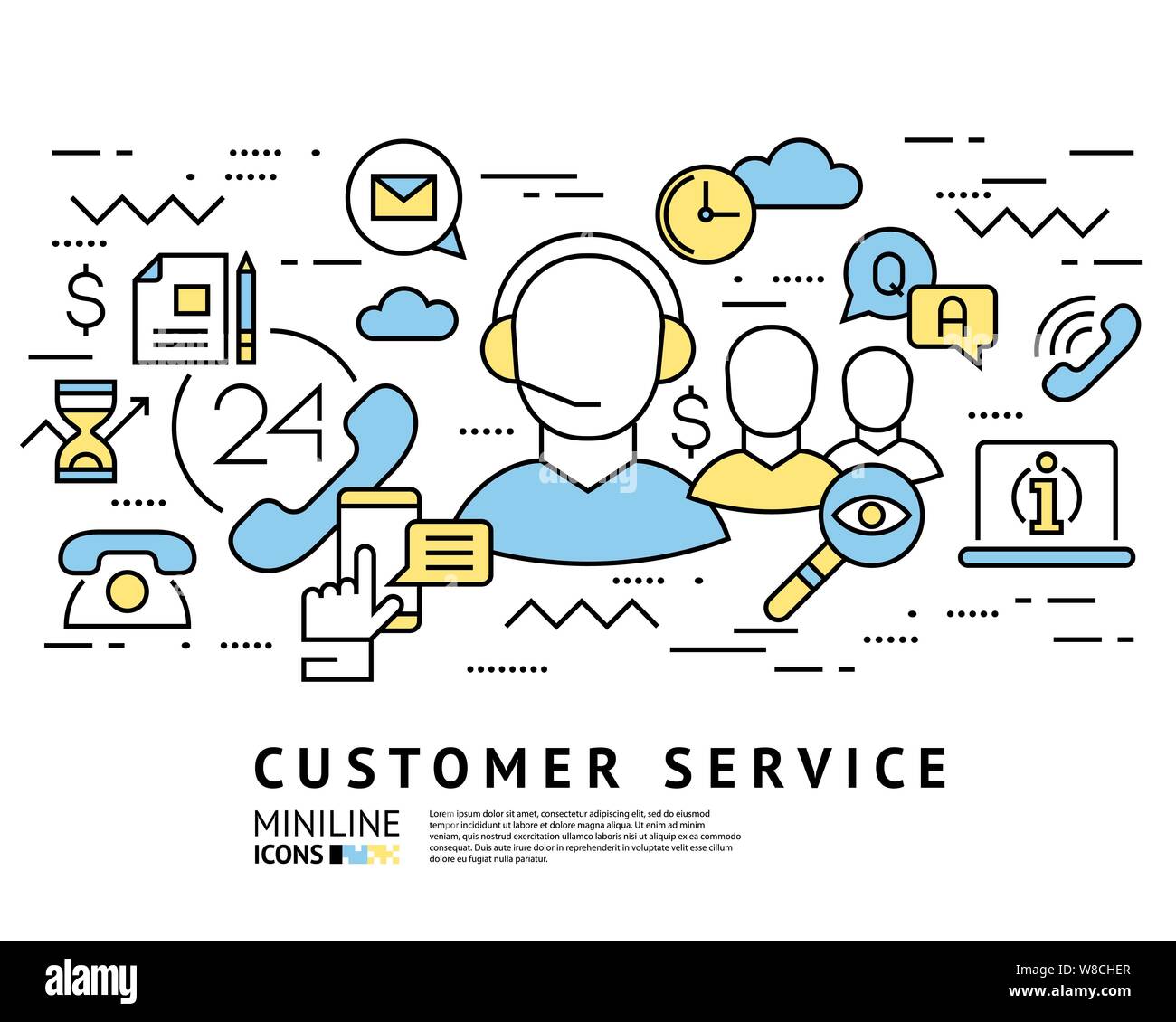 customer service, call centre line flat art vector background