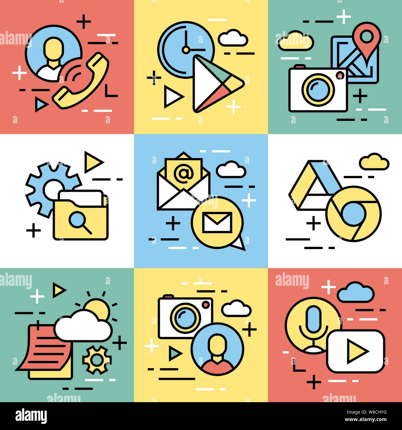 smart phone launcher black thin flat line digital vector mini banners isolated on white Stock Vector