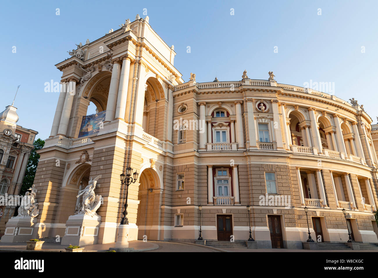 Ukraine, Odessa, Lanzheronivska street, 13th of June 2019. Side view of the opera and ballet theater early in the morning during a sunny day. Stock Photo