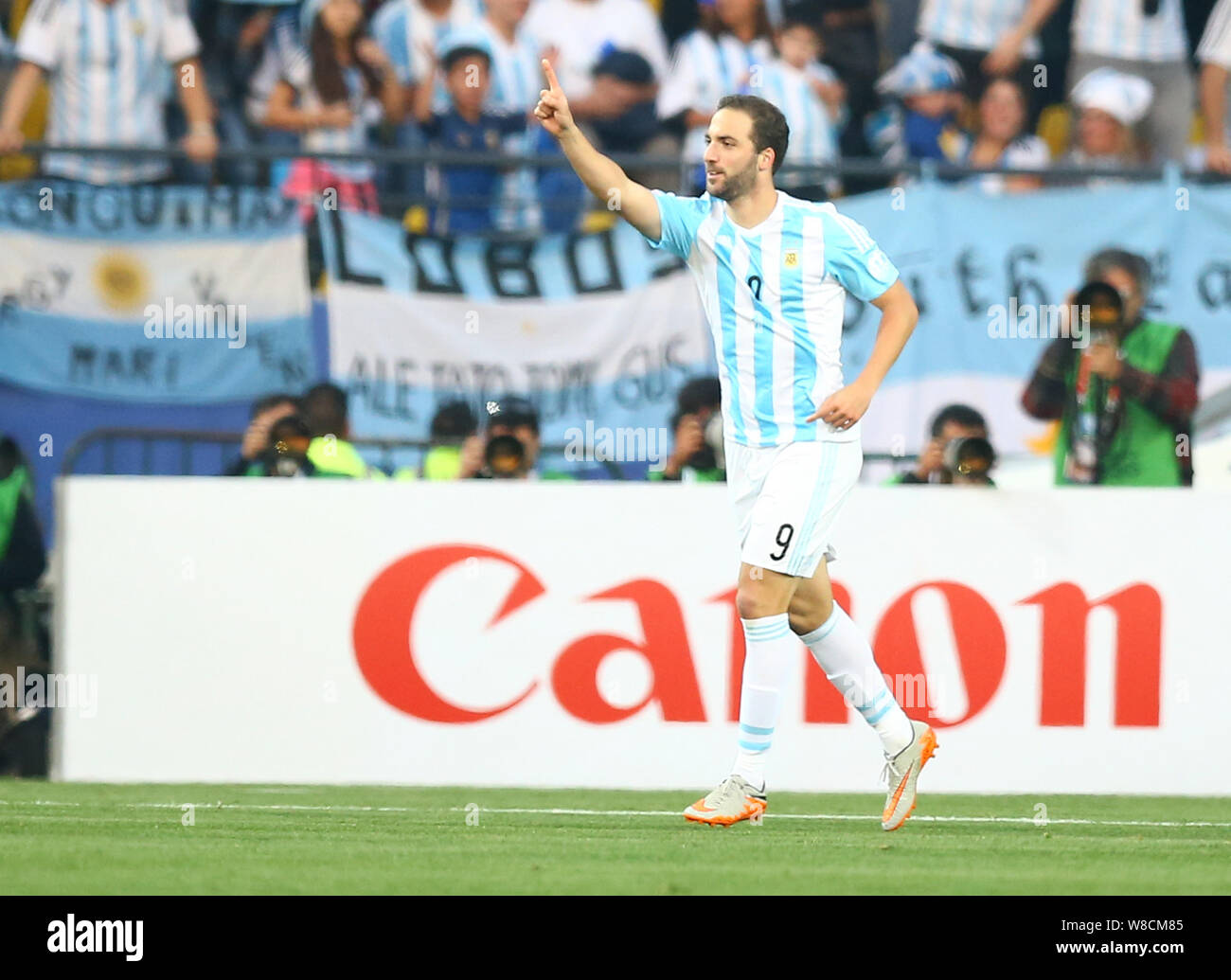 Argentina's Gonzalo Higuain celebrates after scoring against Jamaica during a Copa America Group B soccer match at the Sausalito Stadium in Vina del M Stock Photo