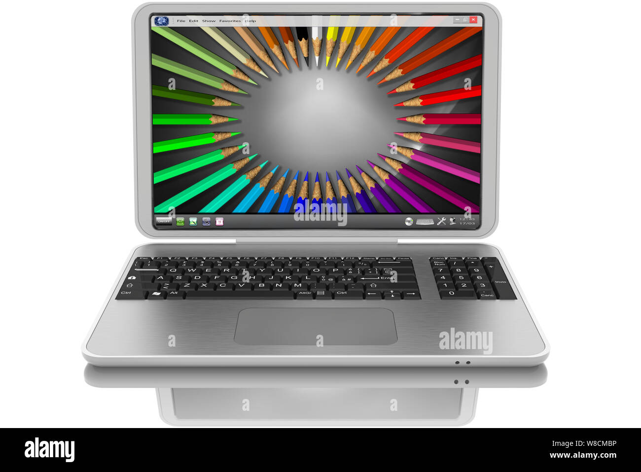 3D illustration. Opened gray laptop. On the screen colored pencils. Stock Photo