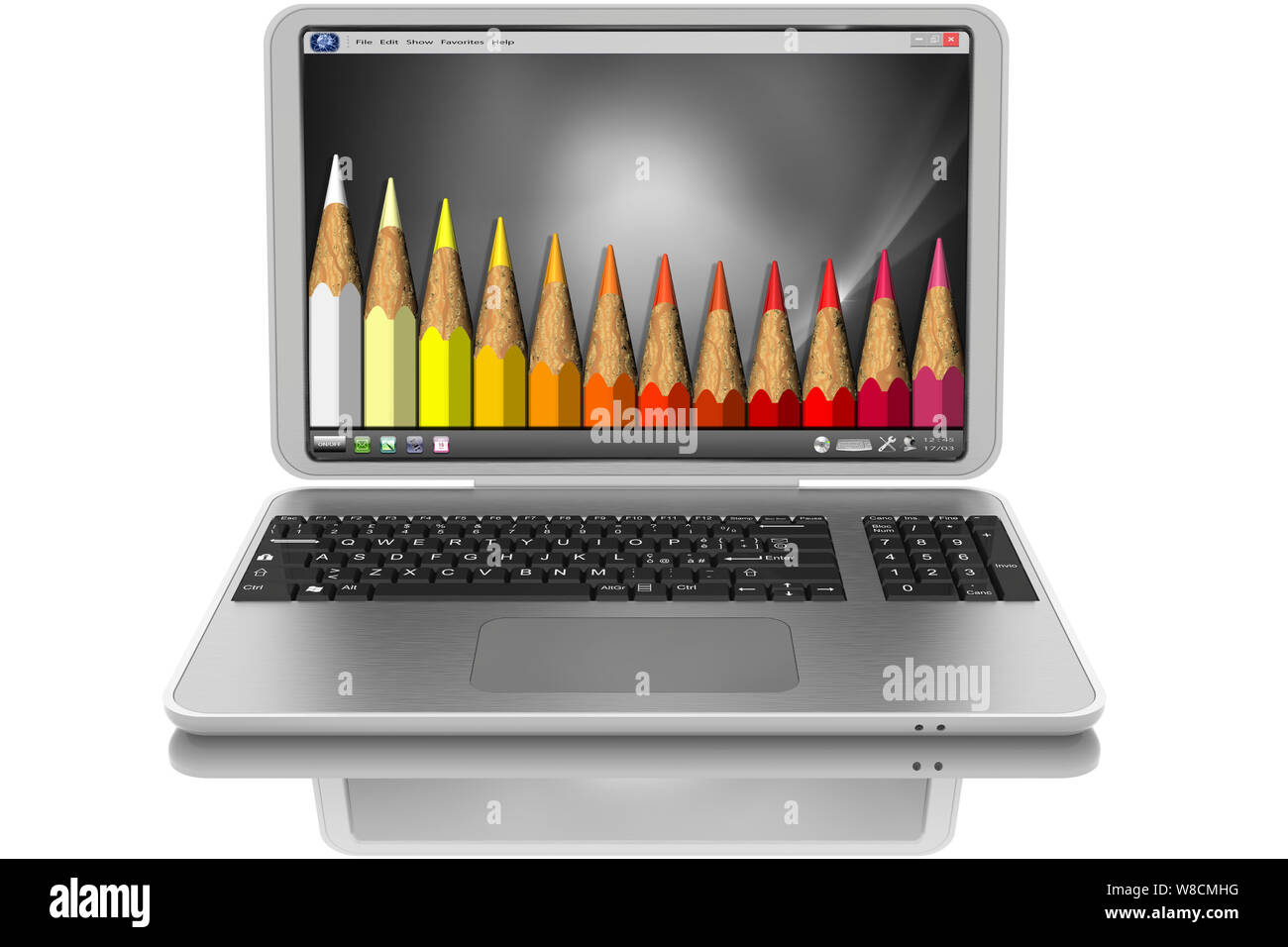 3D illustration. Opened gray laptop. On the screen colored pencils. Stock Photo