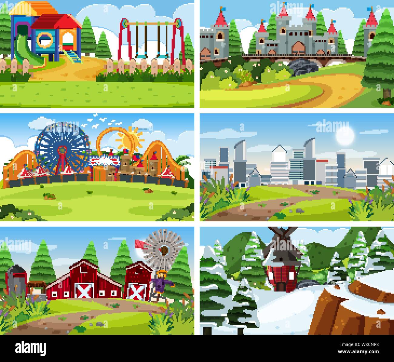 A set of outdoor scene including building illustration Stock Vector ...