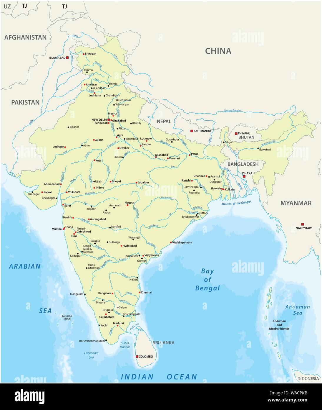 Map of India with the biggest cities and rivers Stock Vector