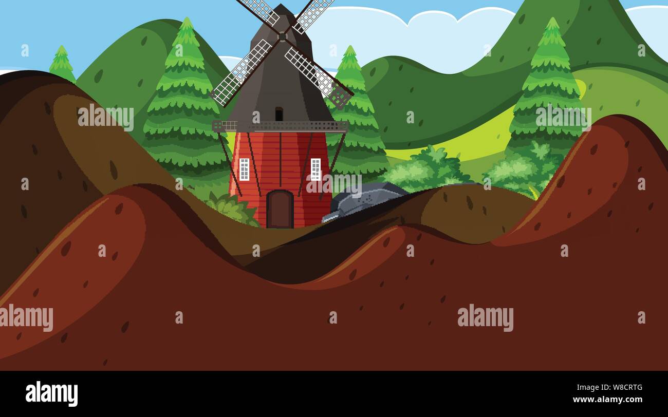 An outdoor scene with windmill illustration Stock Vector
