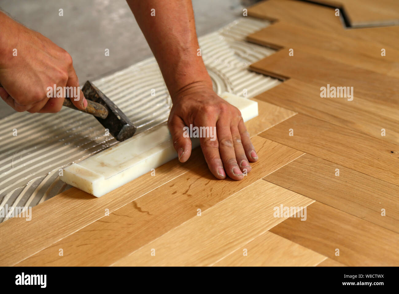Worker Laying Parquet Flooring Worker Installing Wooden