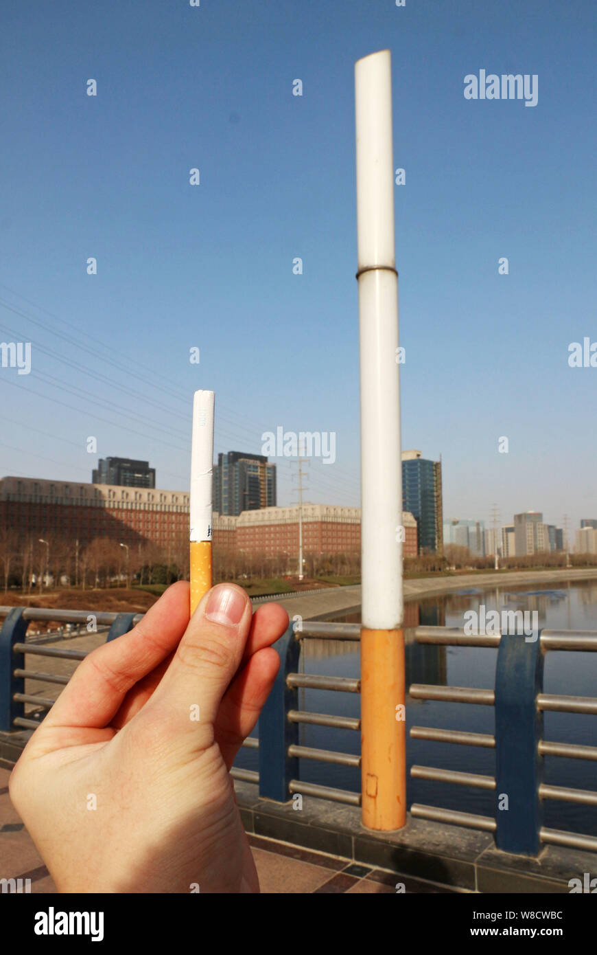 A pedestrian shows a cigarette in front of a cigarette-shaped lamppost on a  bridge in Zhengzhou city, central China's Henan province, 18 January 2015  Stock Photo