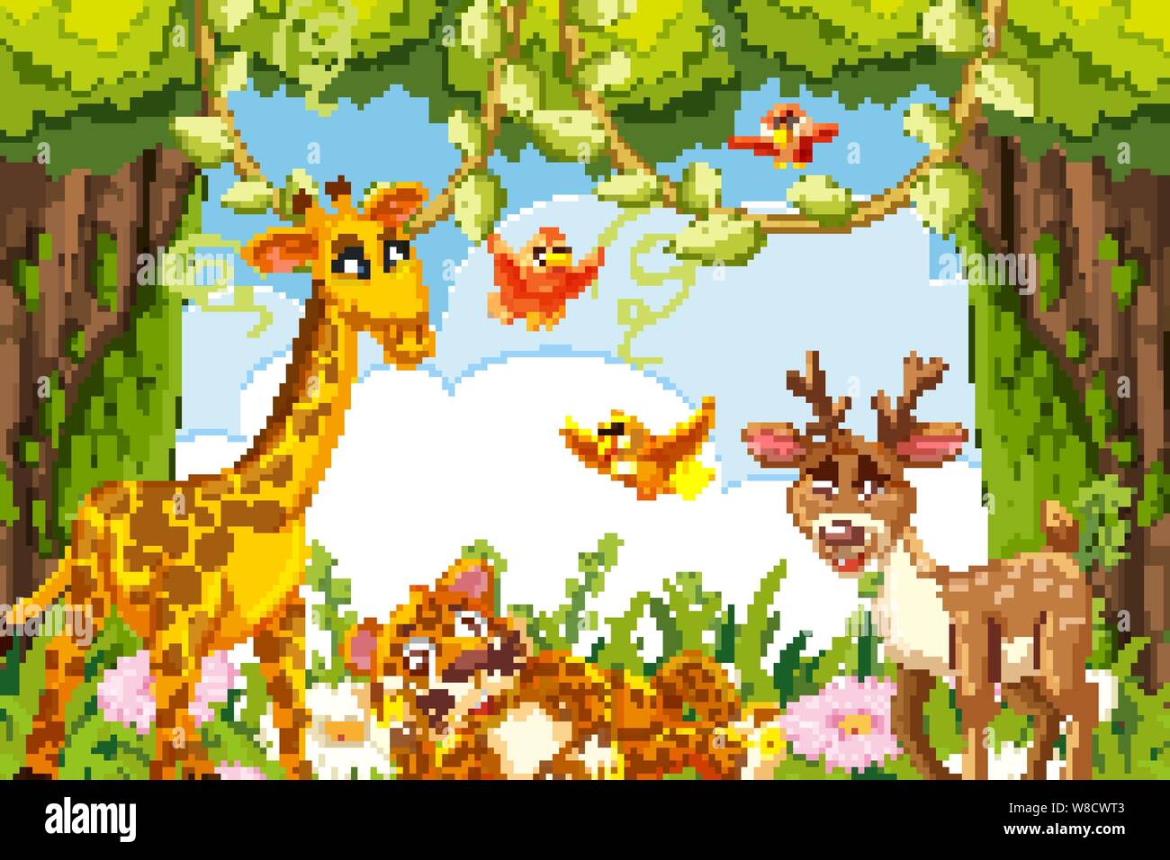 Cute animals in jungle scene illustration Stock Vector Image & Art - Alamy