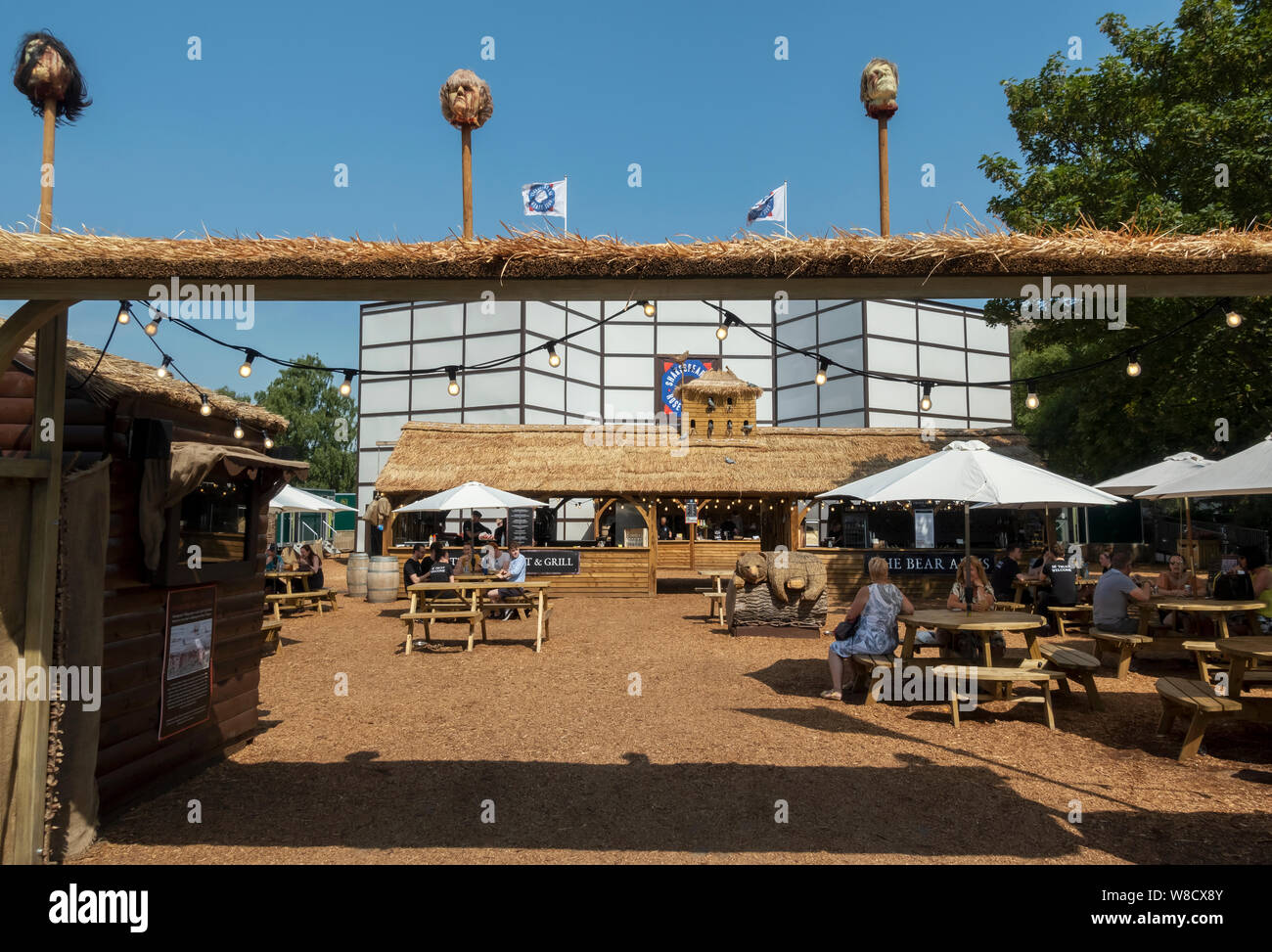Entrance to Shakespeare's Rose Theatre and village food stalls York North Yorkshire England UK United Kingdom GB Great Britain Stock Photo