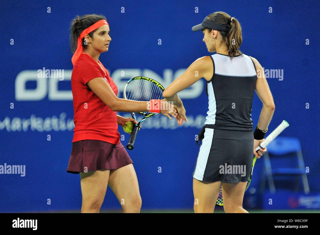 Martina Hingis of Switzerland, right, and Sania Mirza of India encourage each other as they compete against Monica Niculescu of Romania and Anna-Lena Stock Photo