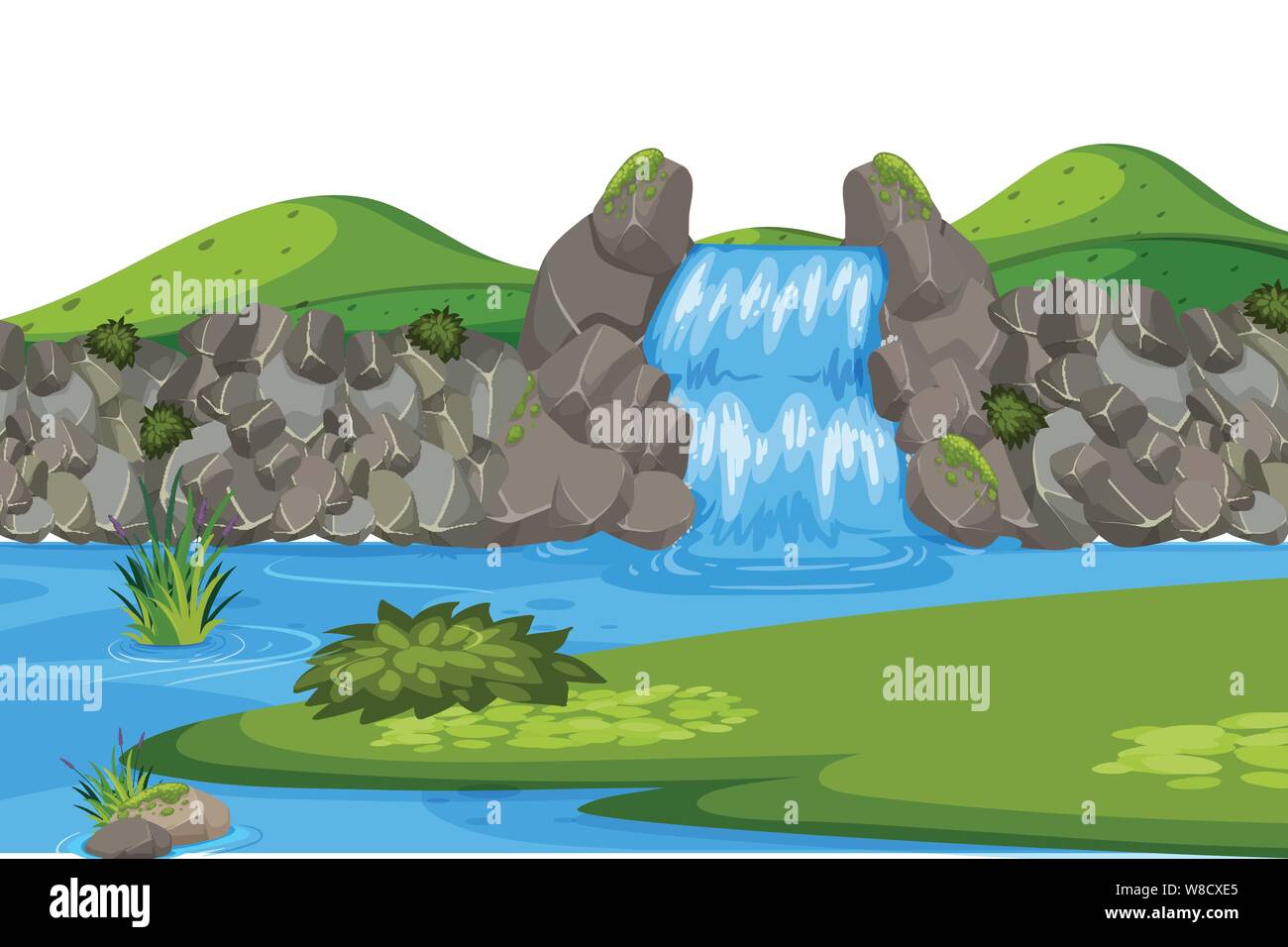 Landscape background with waterfall and green field illustration Stock ...