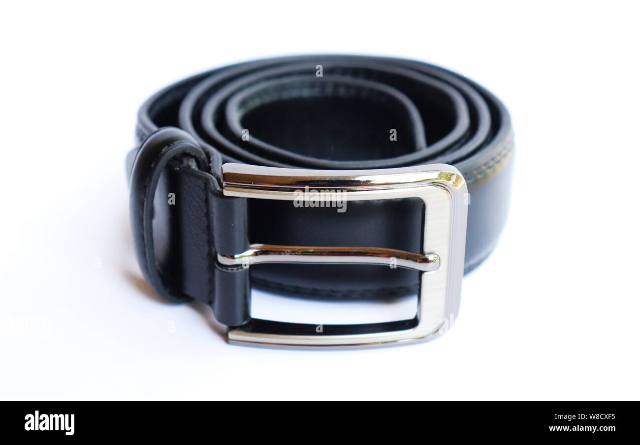 Stylish black leather belt on isolated white background Stock Photo - Alamy